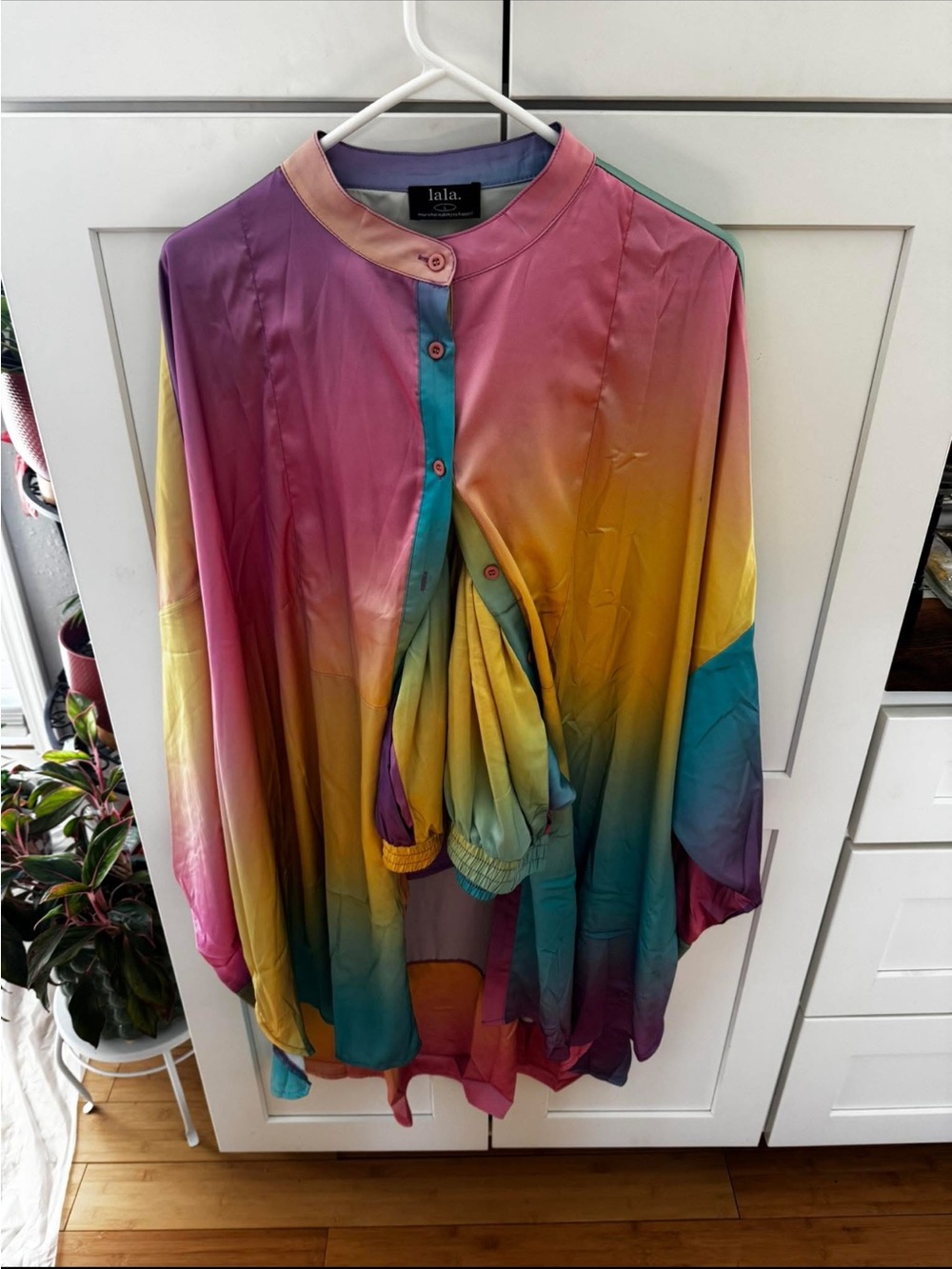 Dressed in LALA Multicolor Ombre Button-Down Blouse - Pink, Purple, Yellow, Teal